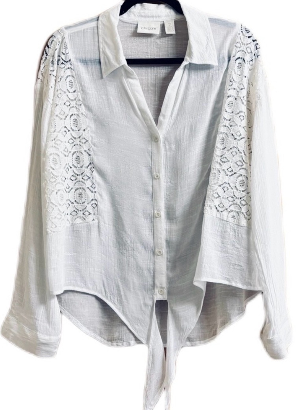 Chico Lightweight White Lace-Panel Button-Front Top Chico size 2 (Large/12